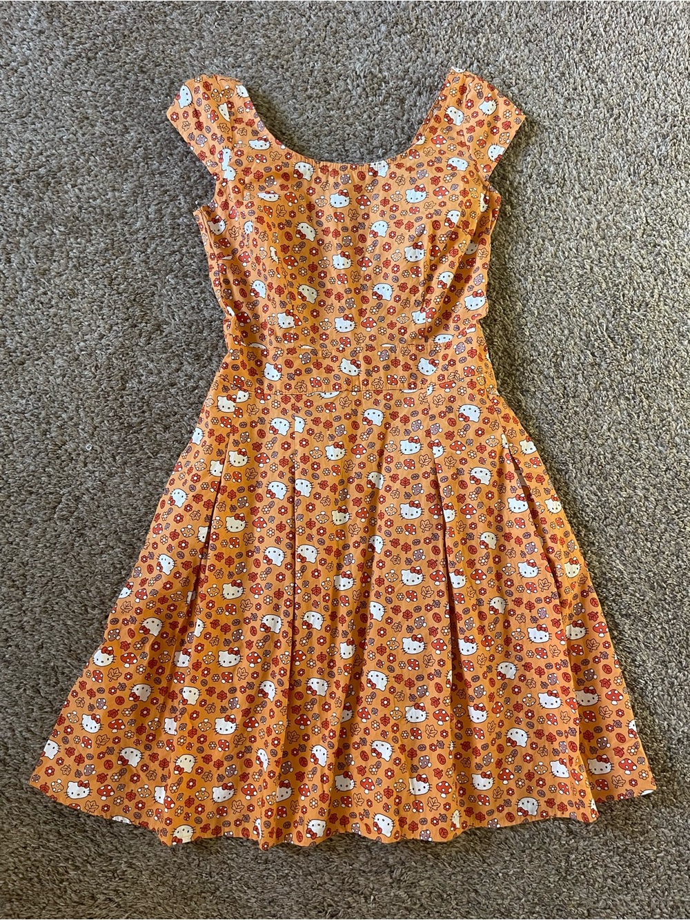 Orange Printed Fit-and-Flare Dress Hello Kitty with Muahrooms and Leaves | Small